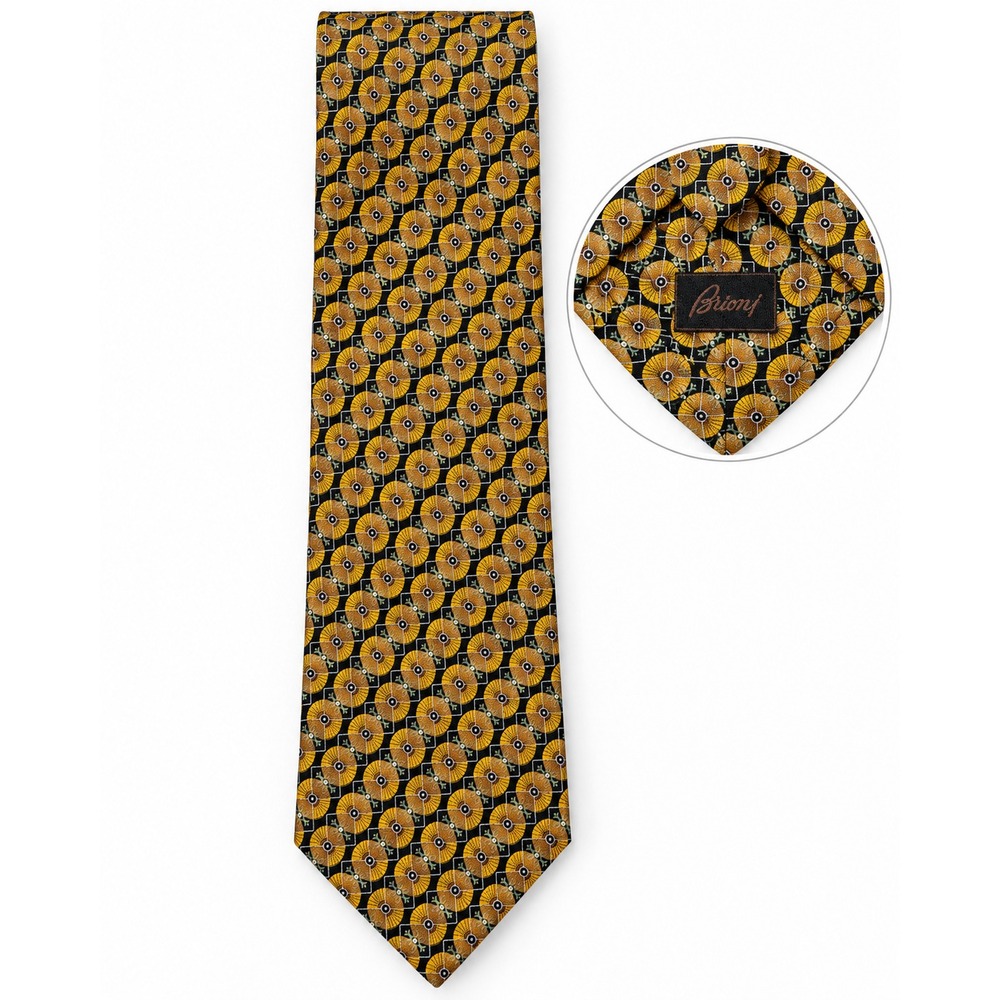 Brioni Silk Tie Mens 4" Geometric Medallion Gold Black Italy Luxury Necktie